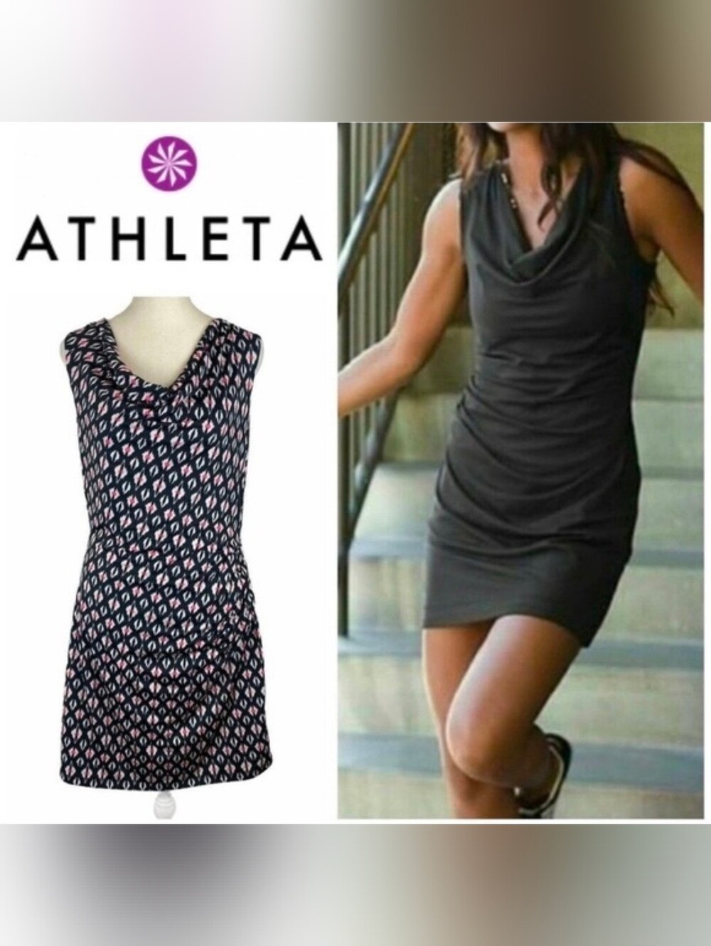 Athleta Reversable Black Cowl Neck Dress With Pink And White Design Reverse Side